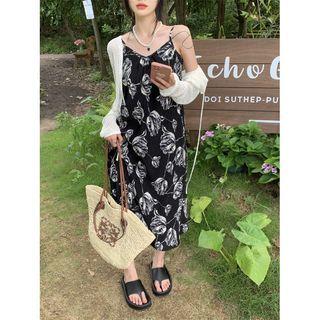 Spaghetti Strap Floral Midi Smock Dress / Pointelle Knit Cardigan
