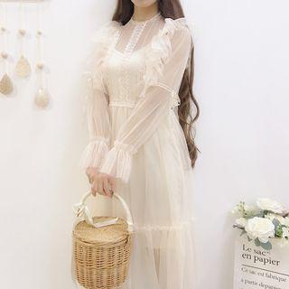 Set: Long-sleeve Lace Trim Midi A-line Mesh Dress + Slipdress Pink - One Size
