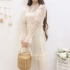 Set: Long-sleeve Lace Trim Midi A-line Mesh Dress + Slipdress Pink - One Size