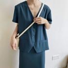 Short-sleeve Buttoned Top / Midi Skirt