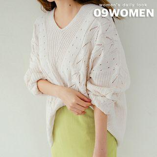 Plus Size V-neck Pointelle Sweater
