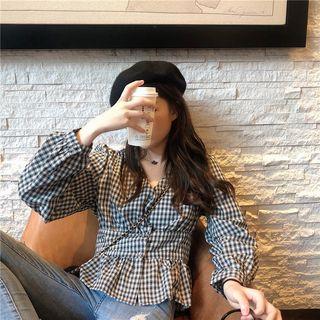 Check V-neck Long-sleeve Slim-fit Blouse As Figure - One Size