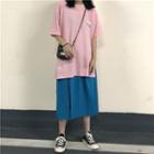 Short-sleeve Lettering T-shirt / Slit A-line Midi Skirt