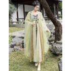 Bell-sleeve Mesh Hanfu Coat / Embroidered Maxi A-line Dress
