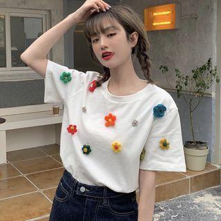 Short-sleeve Floral Accent T-shirt White - One Size