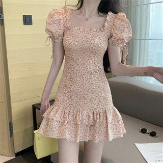 Floral Puff-sleeve Ruffle Hem Mini A-line Dress As Shown In Figure - One Size