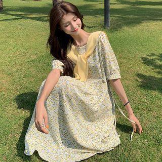 Short-sleeve Floral A-line Dress / Shawl / Set