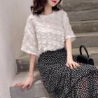 Elbow-sleeve Feathered Blouse White - One Size