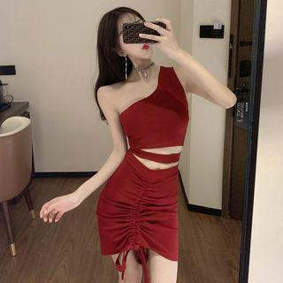 Set: Asymmetric Sleeveless Cropped Top + Drawstring Mini Fitted Skirt
