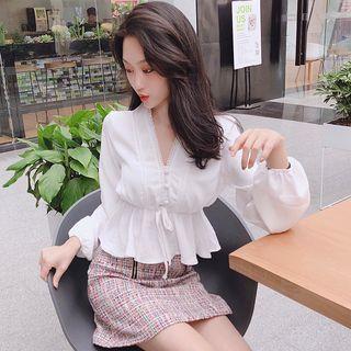 Balloon-sleeve Tie-waist Blouse