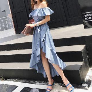 Ruffled Off-shoulder Asymmetric Midi A-line Dress