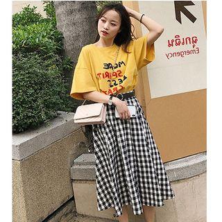 Set: Lettering Elbow-sleeve T-shirt + Plaid Midi A-line Skirt