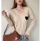 Heart Embroidered Cable Knit Sweater