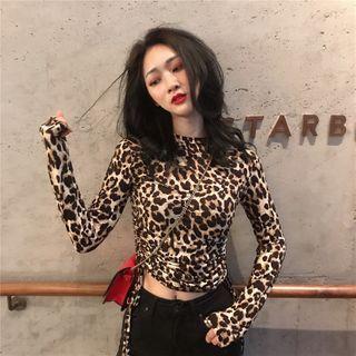 Ruched Side Leopard Long-sleeve Cropped Top As Shown In Figure - One Size