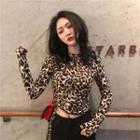 Ruched Side Leopard Long-sleeve Cropped Top As Shown In Figure - One Size