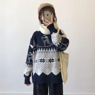 Printed Sweater / Corduroy Wide Leg Pants