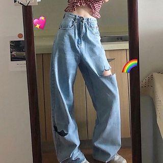 Short-sleeve Gingham Check Crop Top / High Waist Distressed Baggy Jeans