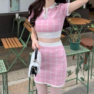 Plaid Knit Crop Top / Mini Pencil Skirt