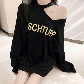 Lettering Cold Shoulder Pullover Black - One Size