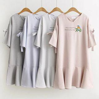 Bird Embroidered Lettering Striped 3/4 Sleeve Dress