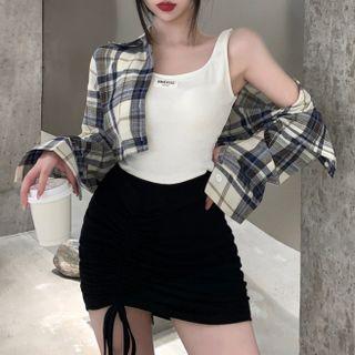 Applique Crop Tank Top / Plaid Crop Shirt / Drawstring Mini Pencil Skirt