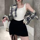 Applique Crop Tank Top / Plaid Crop Shirt / Drawstring Mini Pencil Skirt