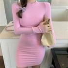 Long-sleeve Plain Knit Top + High-waist Slim Fit Skirt Pink - One Size