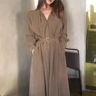 Long-sleeve Midi A-line Shirt Dress Brown - One Size
