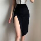 Asymmetrical Slit Mini Fitted Skirt