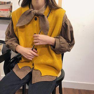 Tie Neck Plaid Blouse / Collared Knit Vest