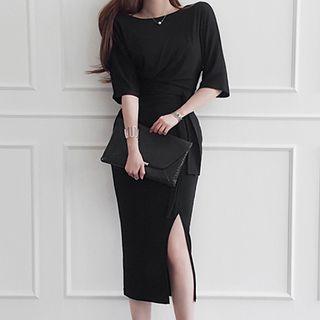 Elbow-sleeve Midi Slit Sheath Dress