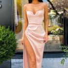 Spaghetti Strap Shirred Midi A-line Slit Dress