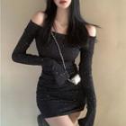 Off-shoulder Glitter Sheath Dress Black - One Size