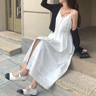 Spaghetti Strap Lace Trim Midi Smock Dress / Plain Cardigan