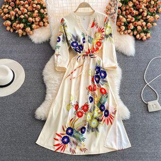 Long Sleeve Floral Print Slit Maxi Dress