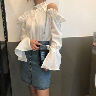 Frilled Neck Cold Shoulder Long-sleeve Shirt
