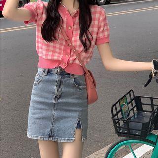 Short-sleeve Gingham Cropped Cardigan Gingham - Dark Pink - One Size