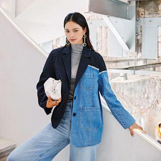 Denim Paneled Striped Blazer