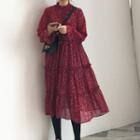 Long-sleeve Mock Neck Floral Print Midi Chiffon Dress Wine Red - One Size