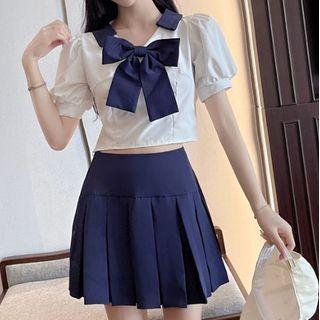 Set: Short-sleeve Bow Blouse + Pleated A-line Skirt