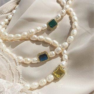 Rectangle Rhinestone Freshwater Pearl Bracelet