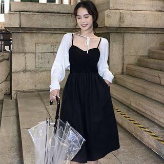 Spaghetti Strap Plain Midi Dress / Tie-strap Cropped Cardigan