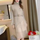 Set: Turtleneck Knit Vest + Long-sleeve Midi Dress