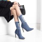 Pointed Mid-calf High Heel Denim Boots