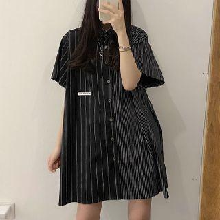 Striped Short-sleeve Shirtdress As Shown In Figure - One Size