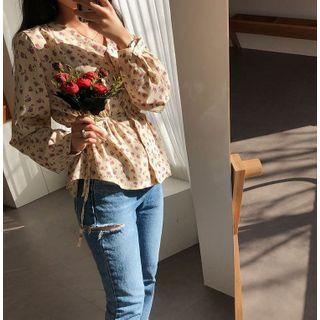 Long-sleeve Drawstring Floral Print Blouse
