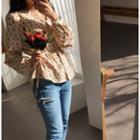 Long-sleeve Drawstring Floral Print Blouse