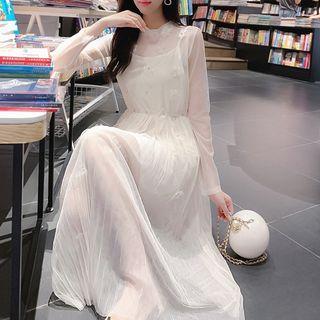 Set: Slipdress + Flower Embroidered Long-sleeve Midi A-line Dress