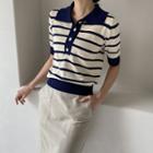 Textured Stripe Knit Polo Shirt Light Beige - One Size