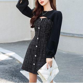 Set: Sleeveless Tweed A-line Dress + Long-sleeve Button-up Cropped T-shirt